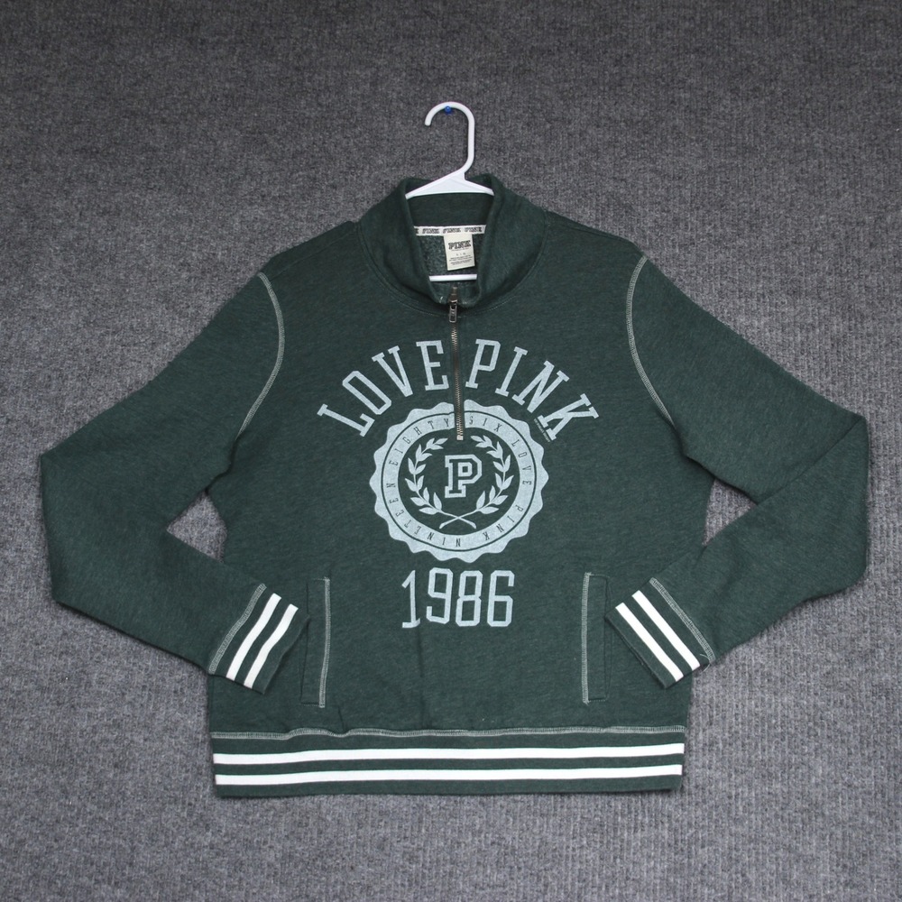 PINK Victoria's Secret Love 1986 Pullover Womens L Sweatshirt Quarter Zip Green